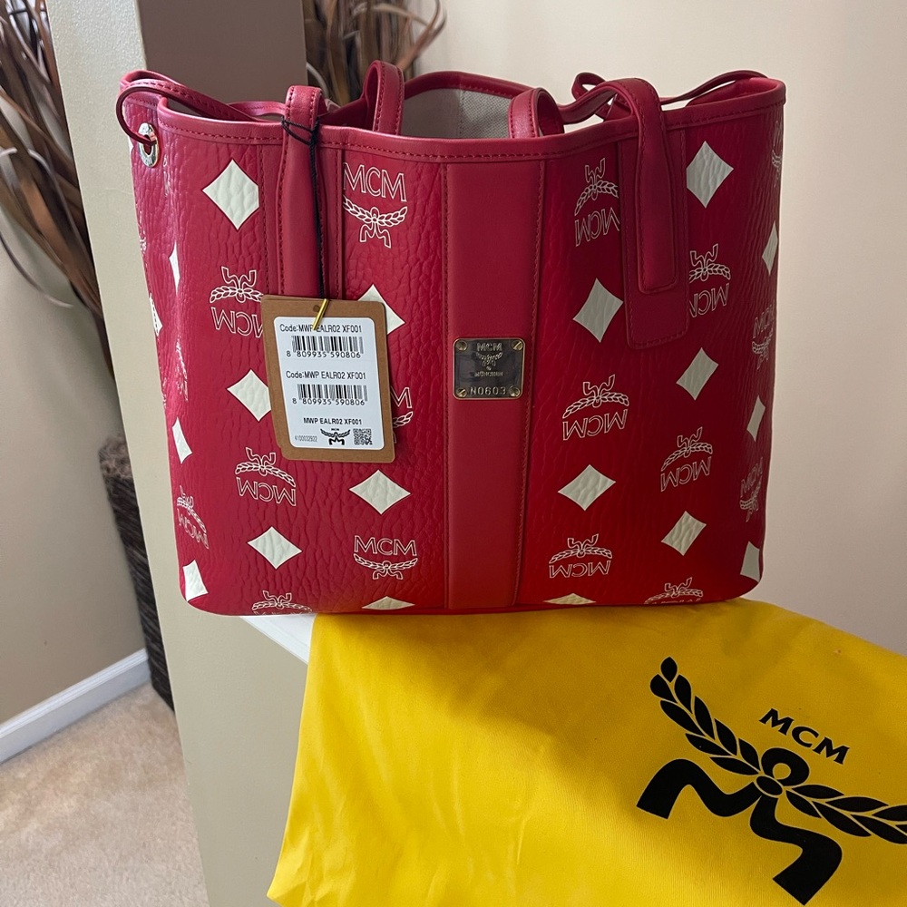 MCM Red Leather Tote Bag